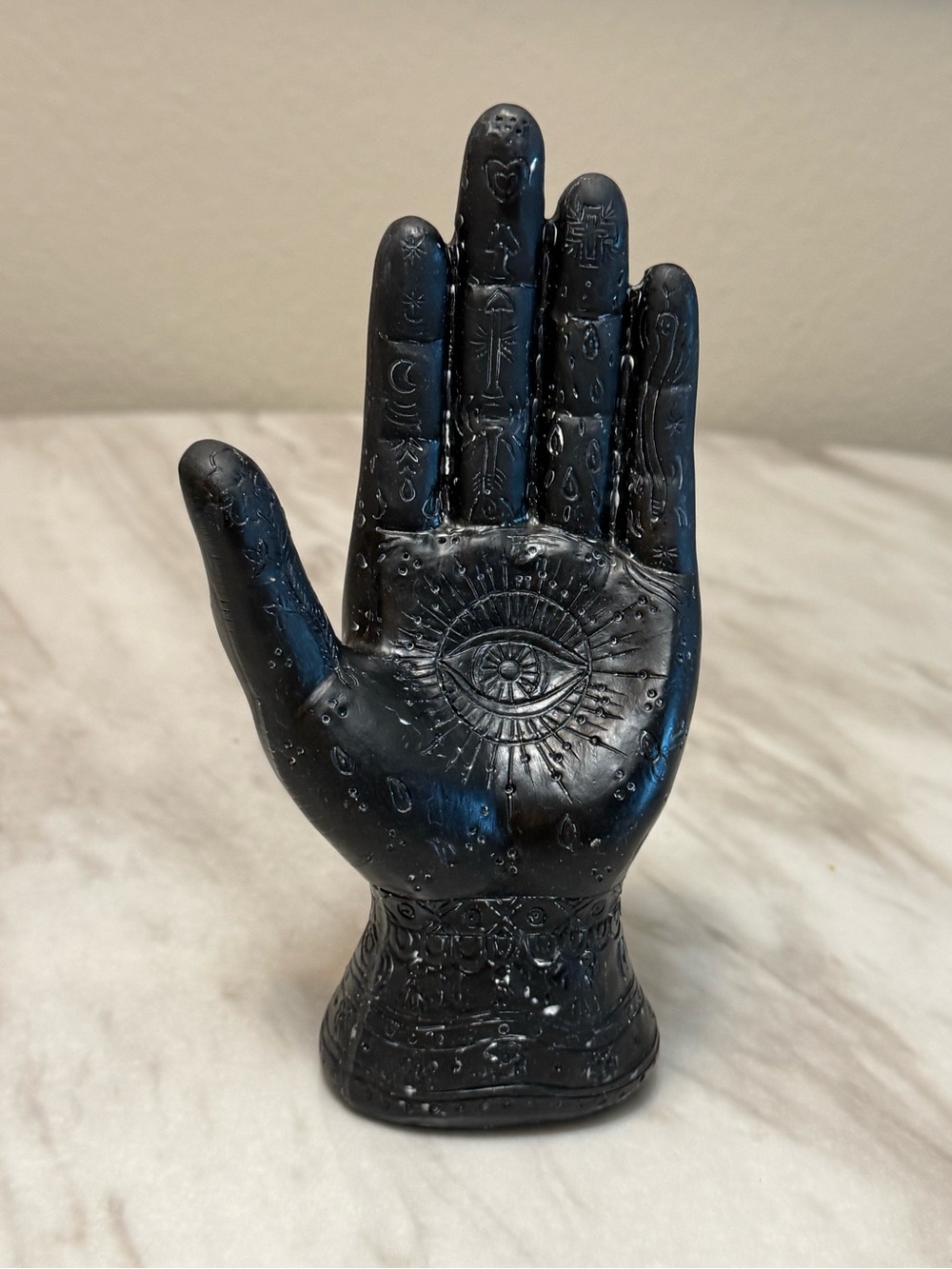 Black Hand Figurine w/ Eye in Palm, Carved Mystical Decor, 7 in
